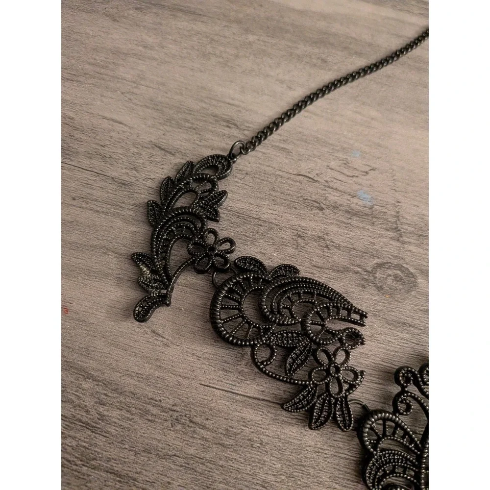 Black Filigree Bib Necklace Gothic Lace Style Statement Floral Metalwork